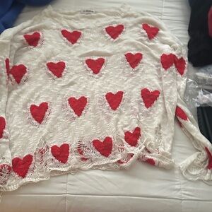 White Knit Heart Sweater with Red Hearts